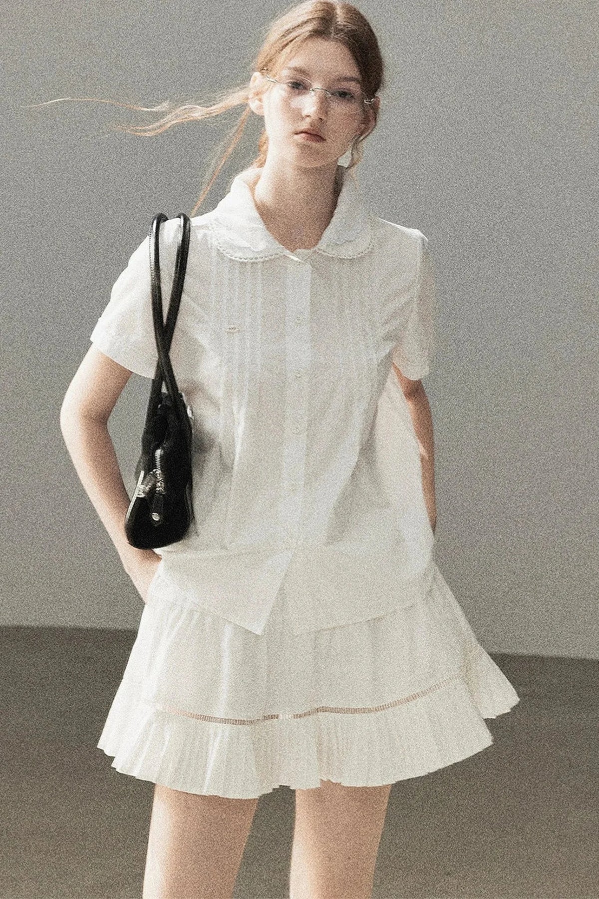 White Pleated Shirt And Skirt Set-Up