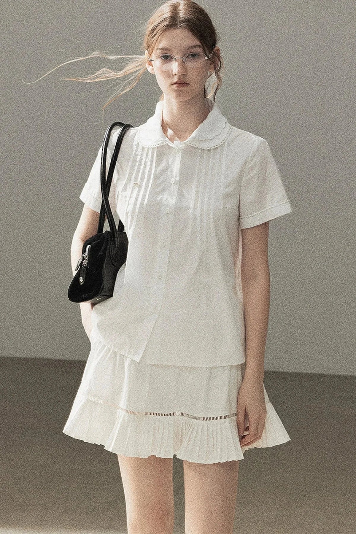 White Pleated Shirt And Skirt Set-Up