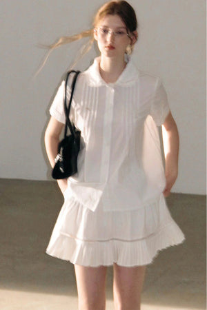 White Pleated Shirt And Skirt Set-Up