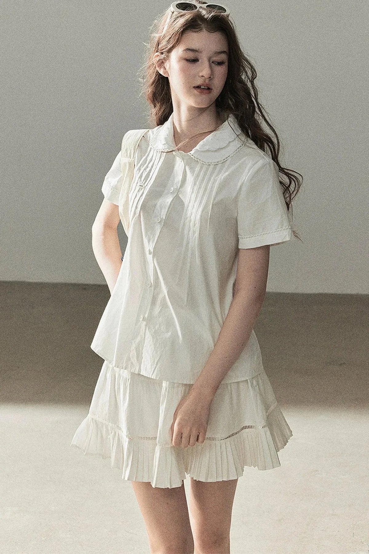 White Pleated Shirt And Skirt Set-Up