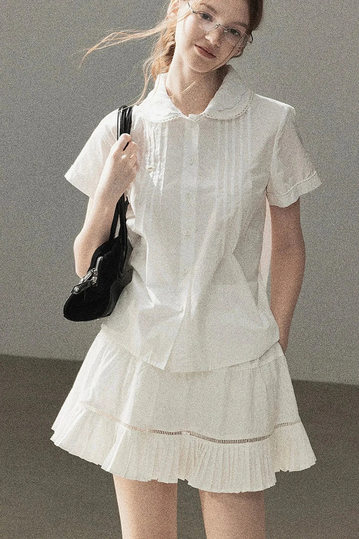 White Pleated Shirt And Skirt Set-Up