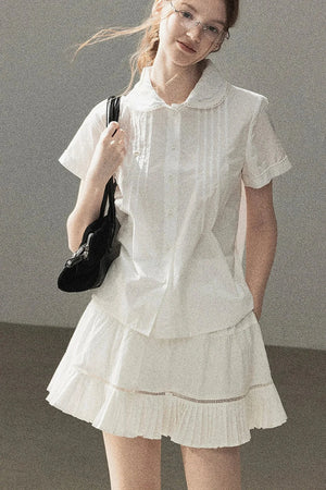 White Pleated Shirt And Skirt Set-Up