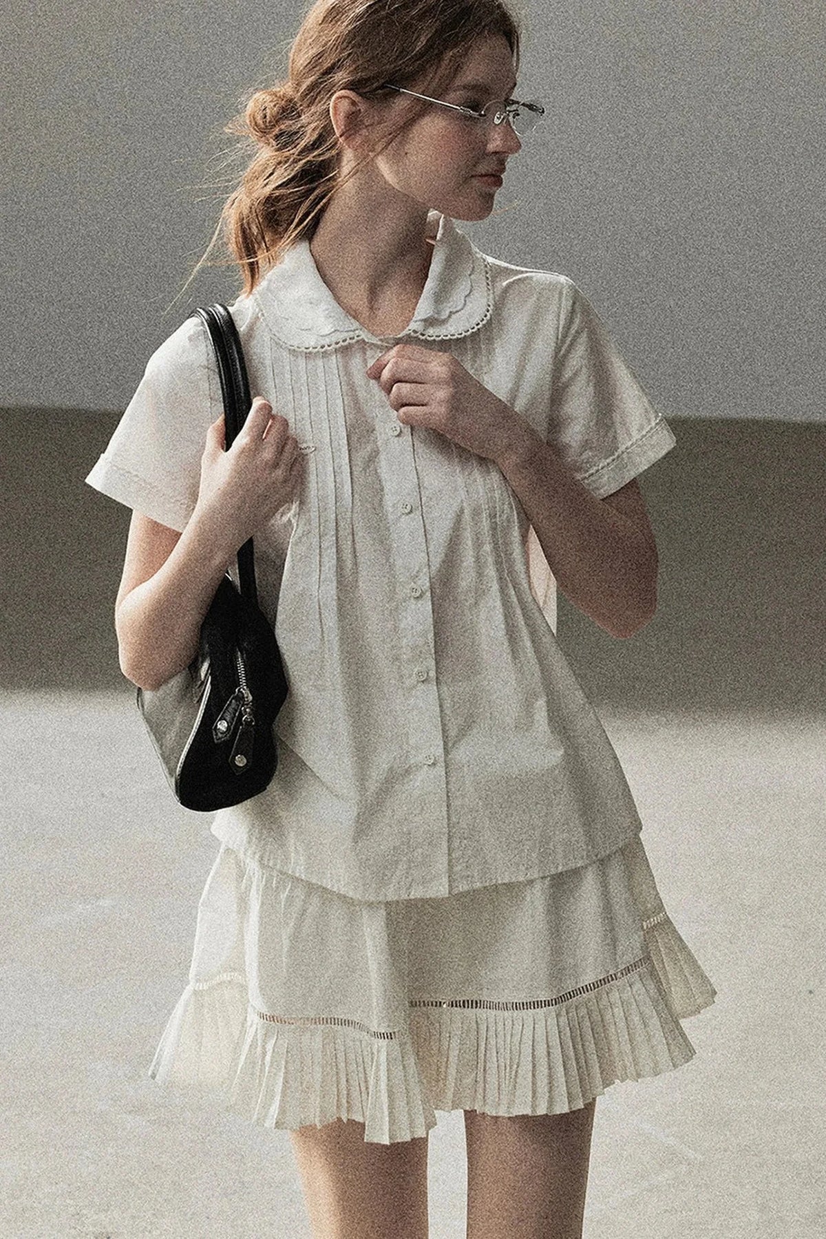 White Pleated Shirt And Skirt Set-Up