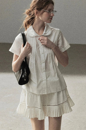 White Pleated Shirt And Skirt Set-Up