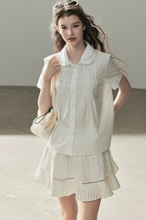 White Pleated Shirt And Skirt Set-Up
