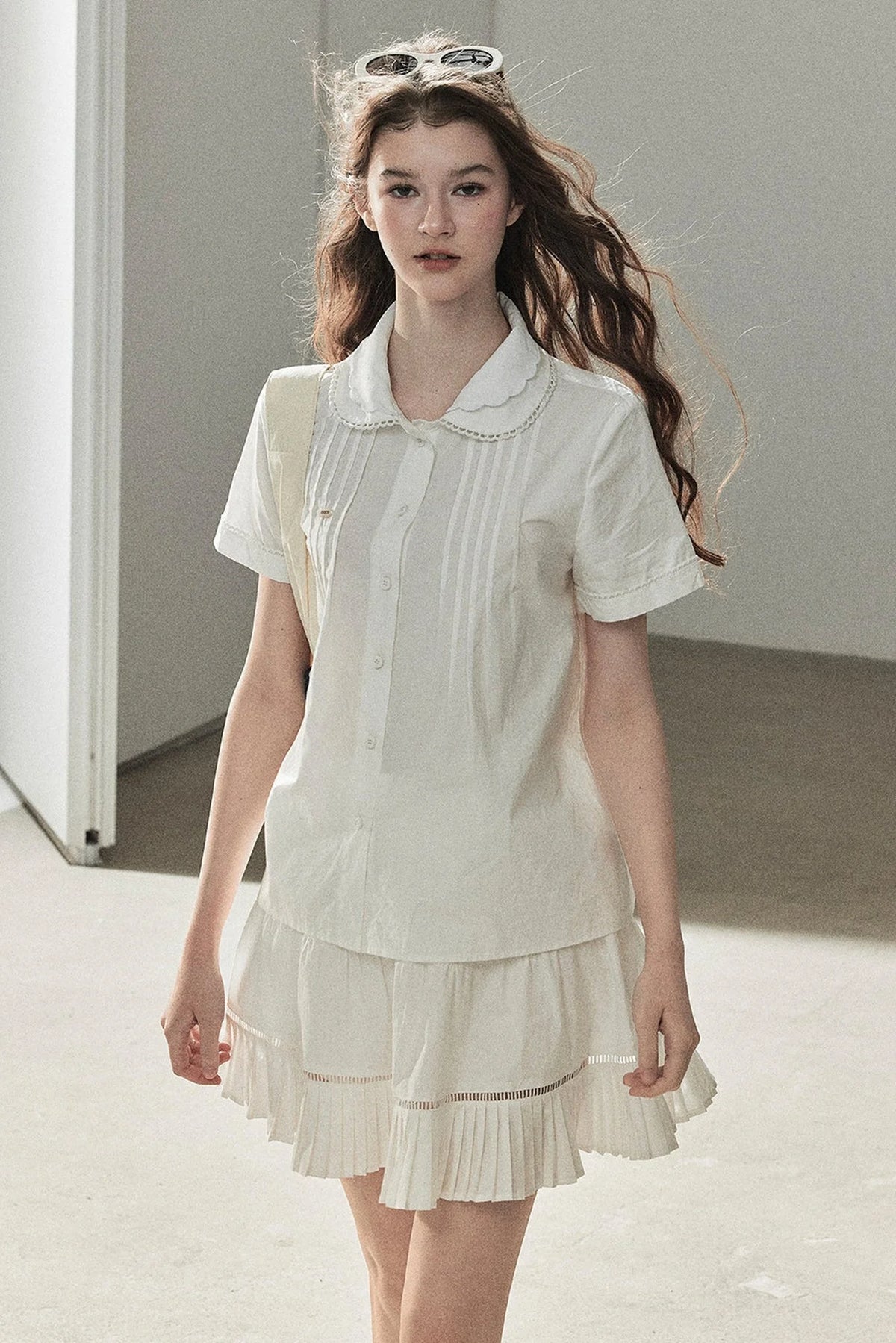 White Pleated Shirt And Skirt Set-Up