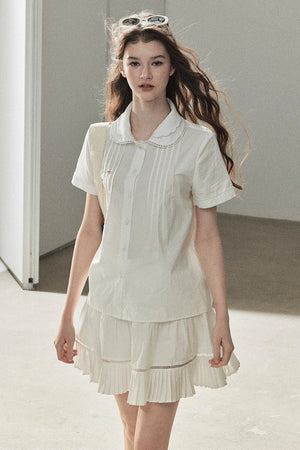 White Pleated Shirt And Skirt Set-Up