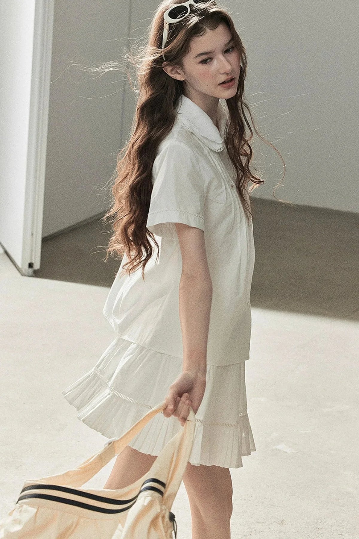White Pleated Shirt And Skirt Set-Up