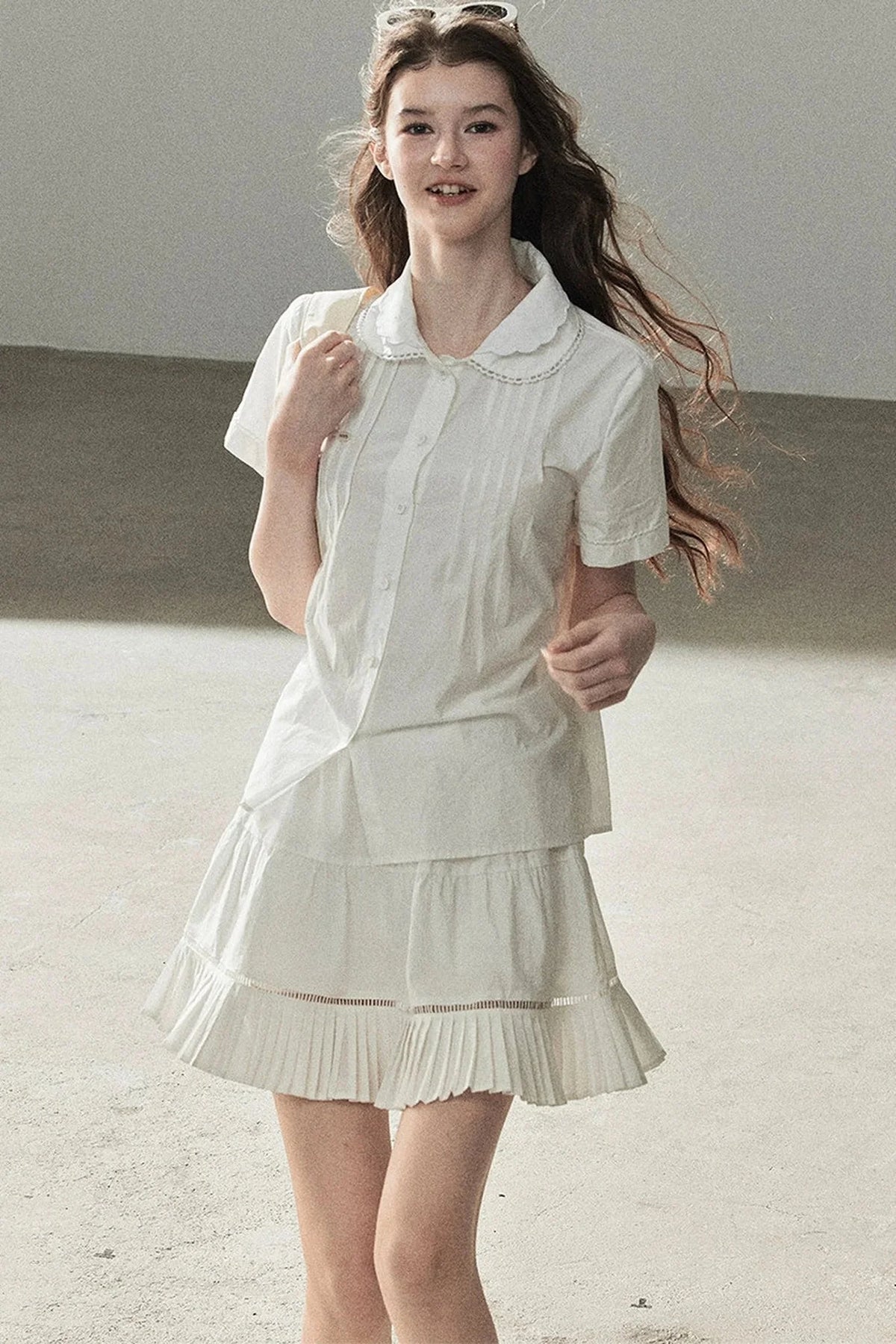 White Pleated Shirt And Skirt Set-Up