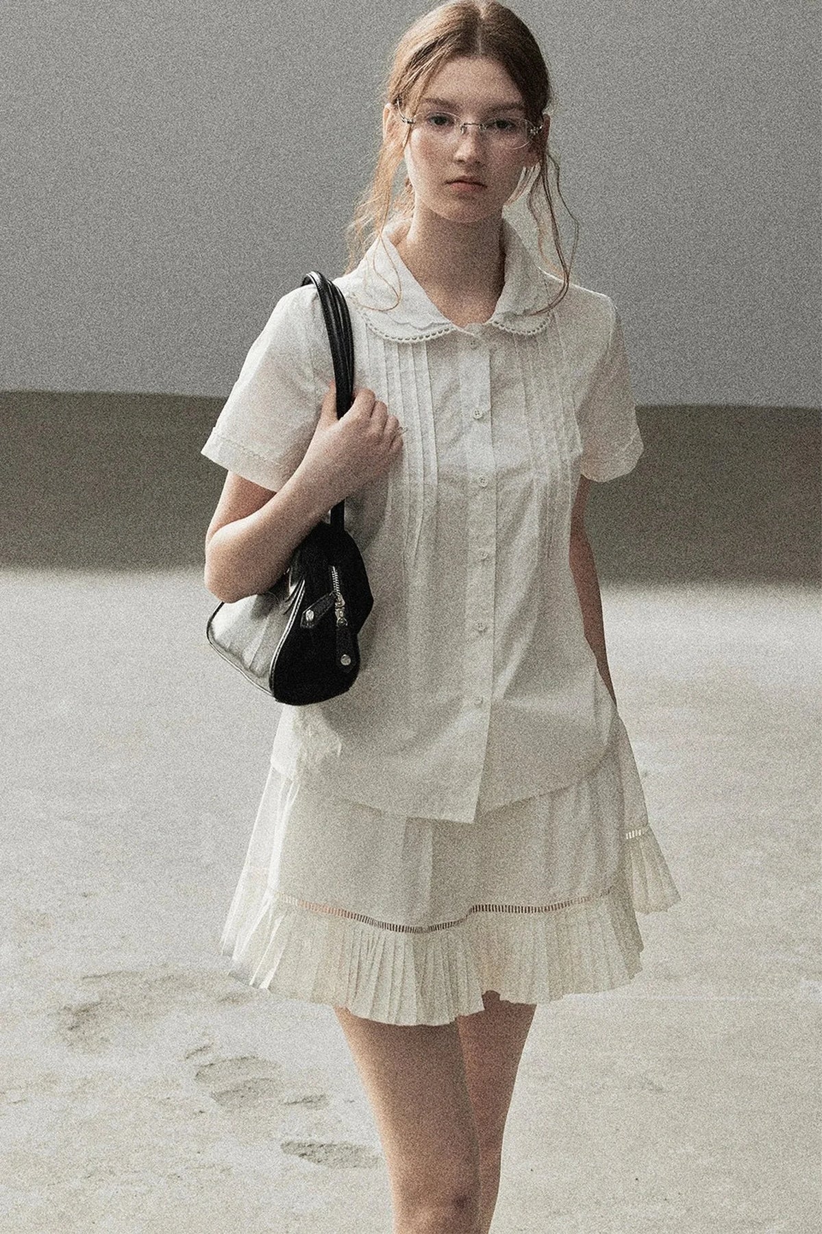 White Pleated Shirt And Skirt Set-Up