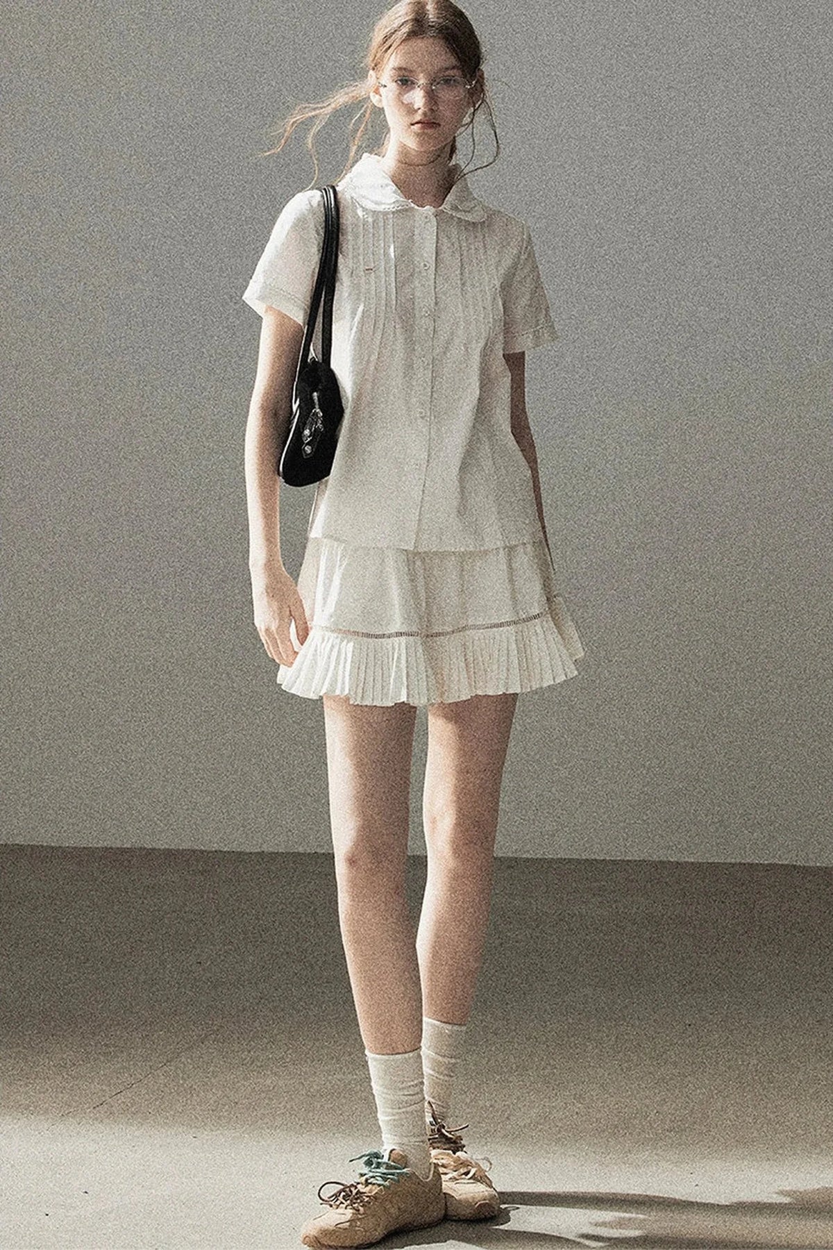 White Pleated Shirt And Skirt Set-Up