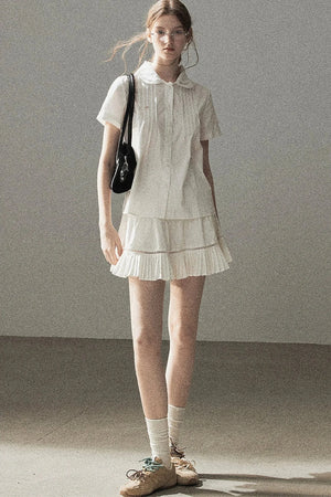 White Pleated Shirt And Skirt Set-Up