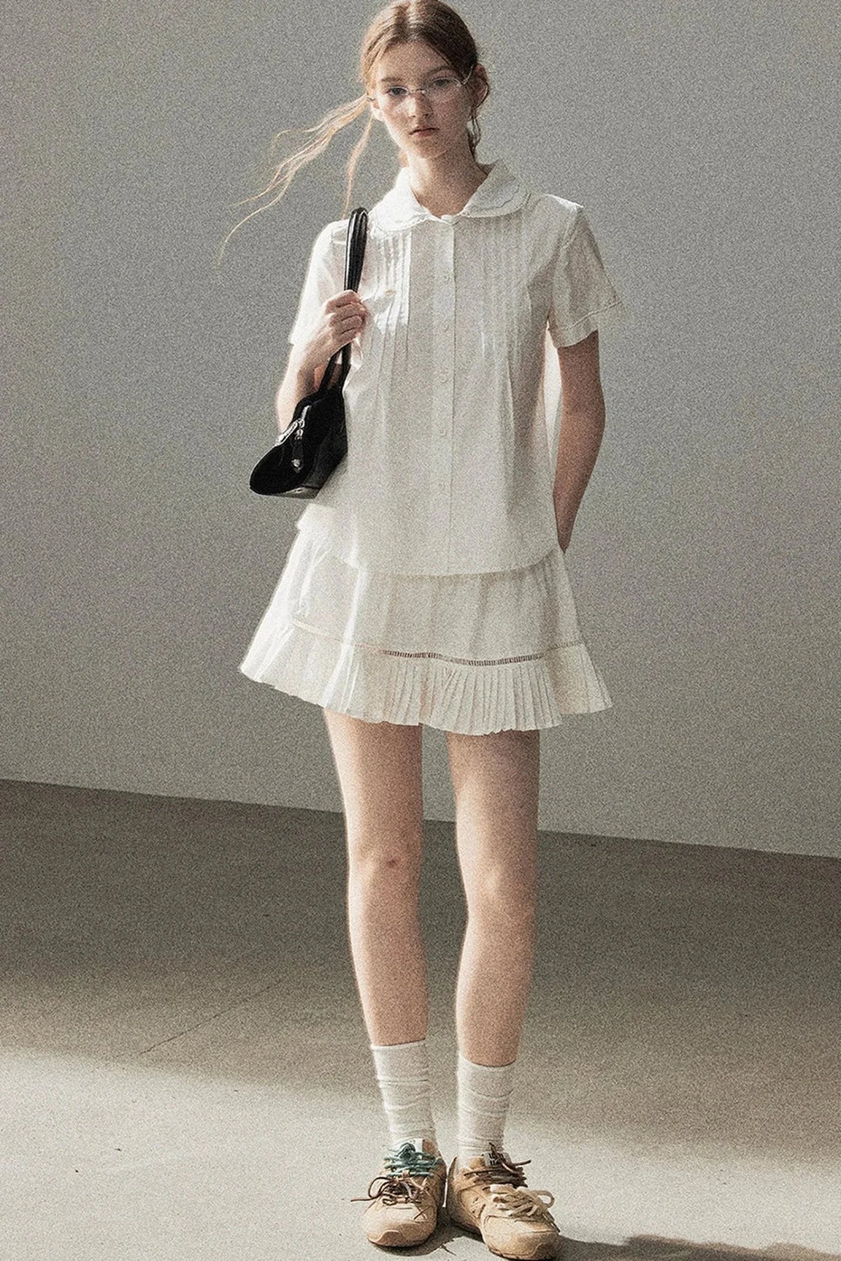 White Pleated Shirt And Skirt Set-Up