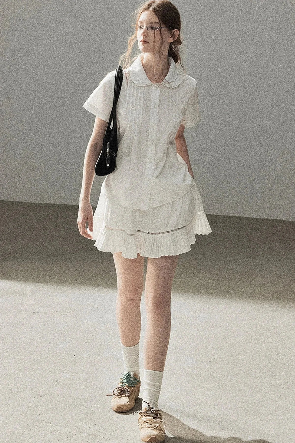 White Pleated Shirt And Skirt Set-Up