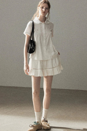 White Pleated Shirt And Skirt Set-Up