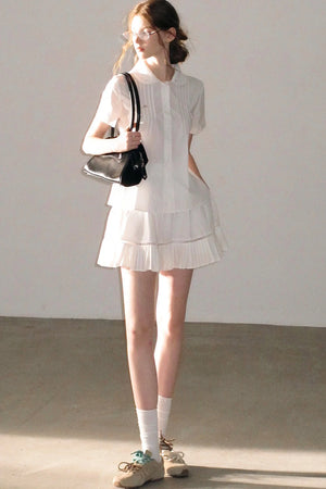 White Pleated Shirt And Skirt Set-Up