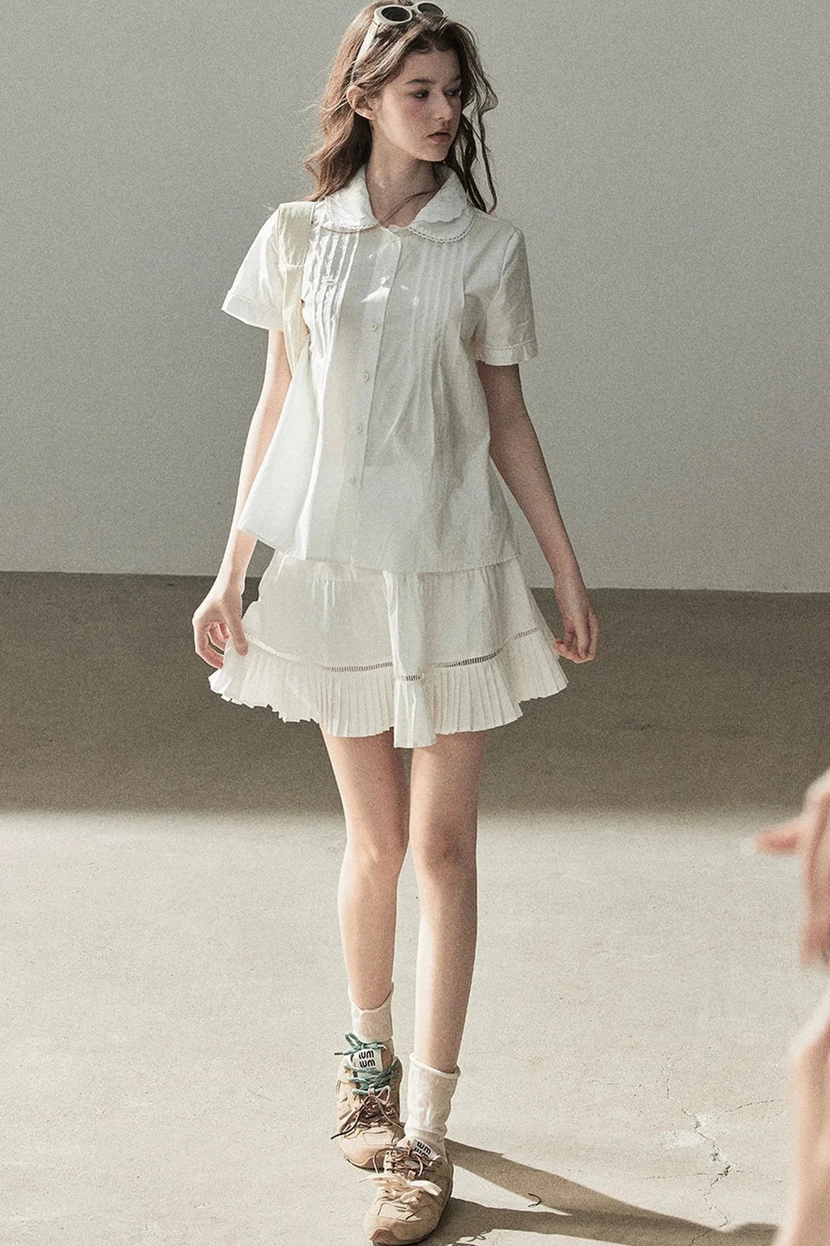 White Pleated Shirt And Skirt Set-Up