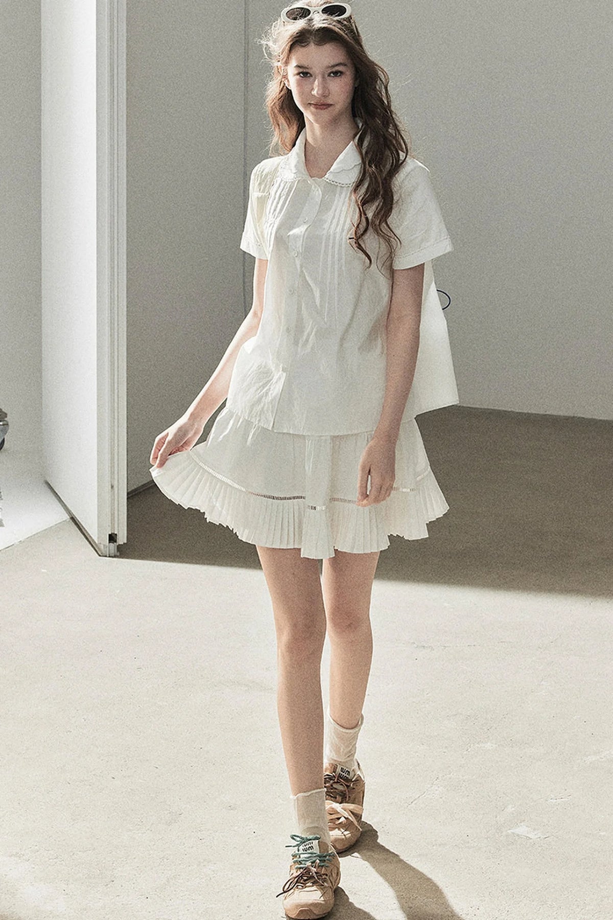 White Pleated Shirt And Skirt Set-Up