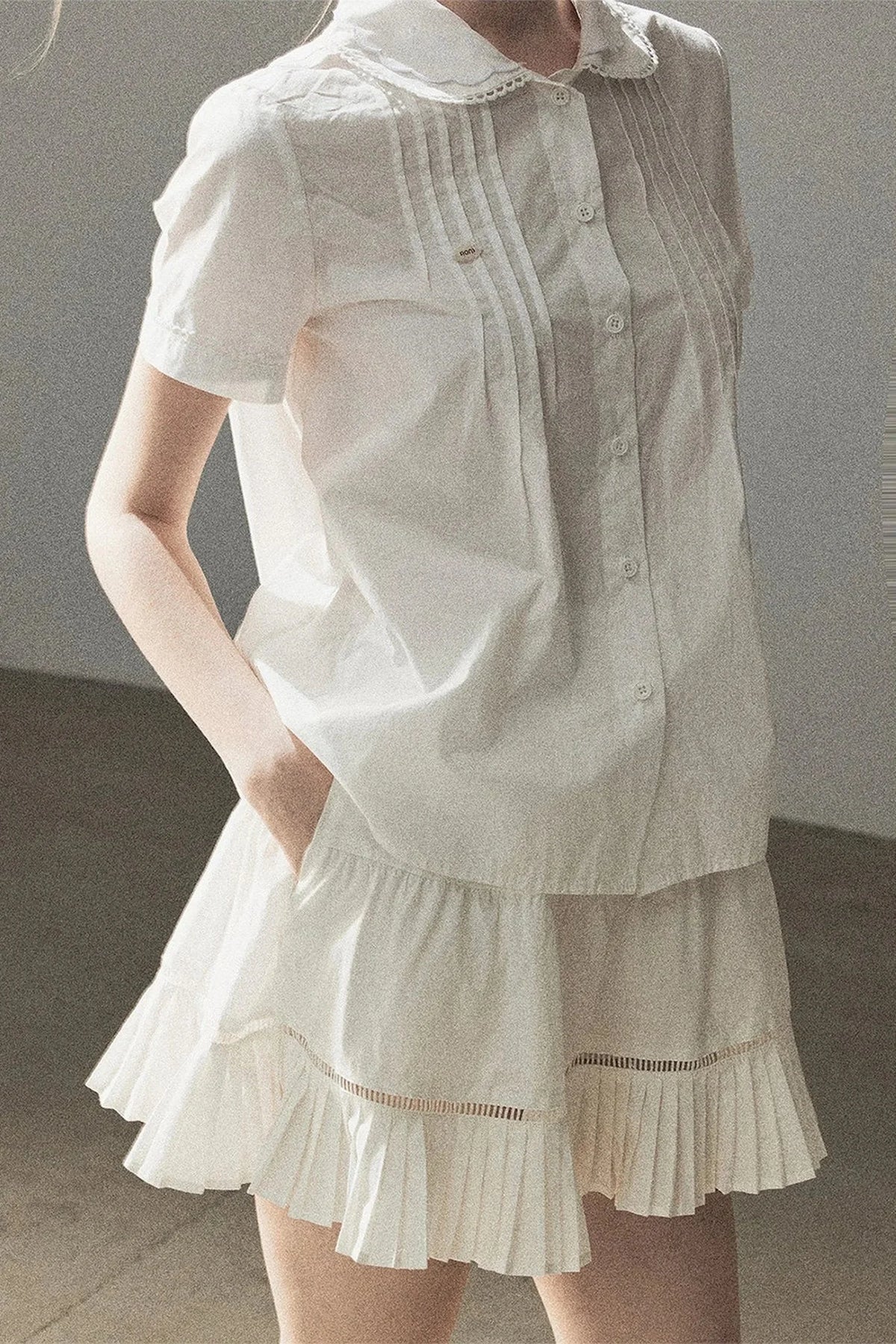 White Pleated Shirt And Skirt Set-Up