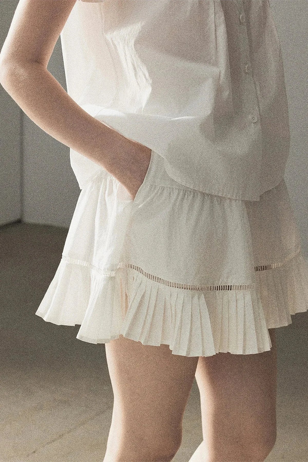 White Pleated Shirt And Skirt Set-Up