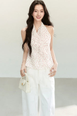 White Polka Dot Chiffon Halter Top
