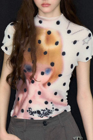 White Polka Dot Doll Print T-Shirt