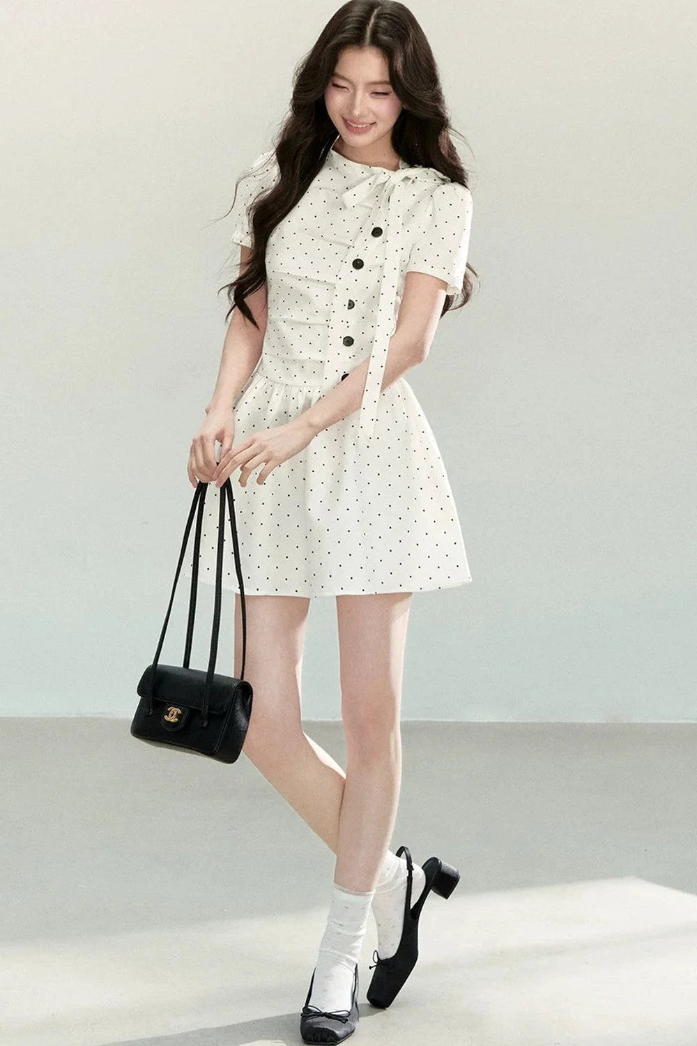 White Polka Dot Pleated Dress
