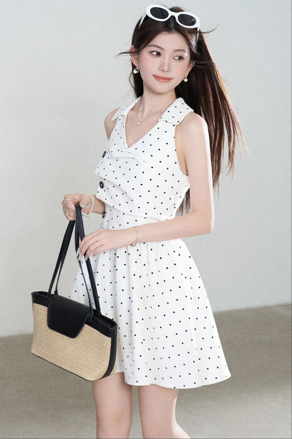 White Polka Dot V-Neck Dress