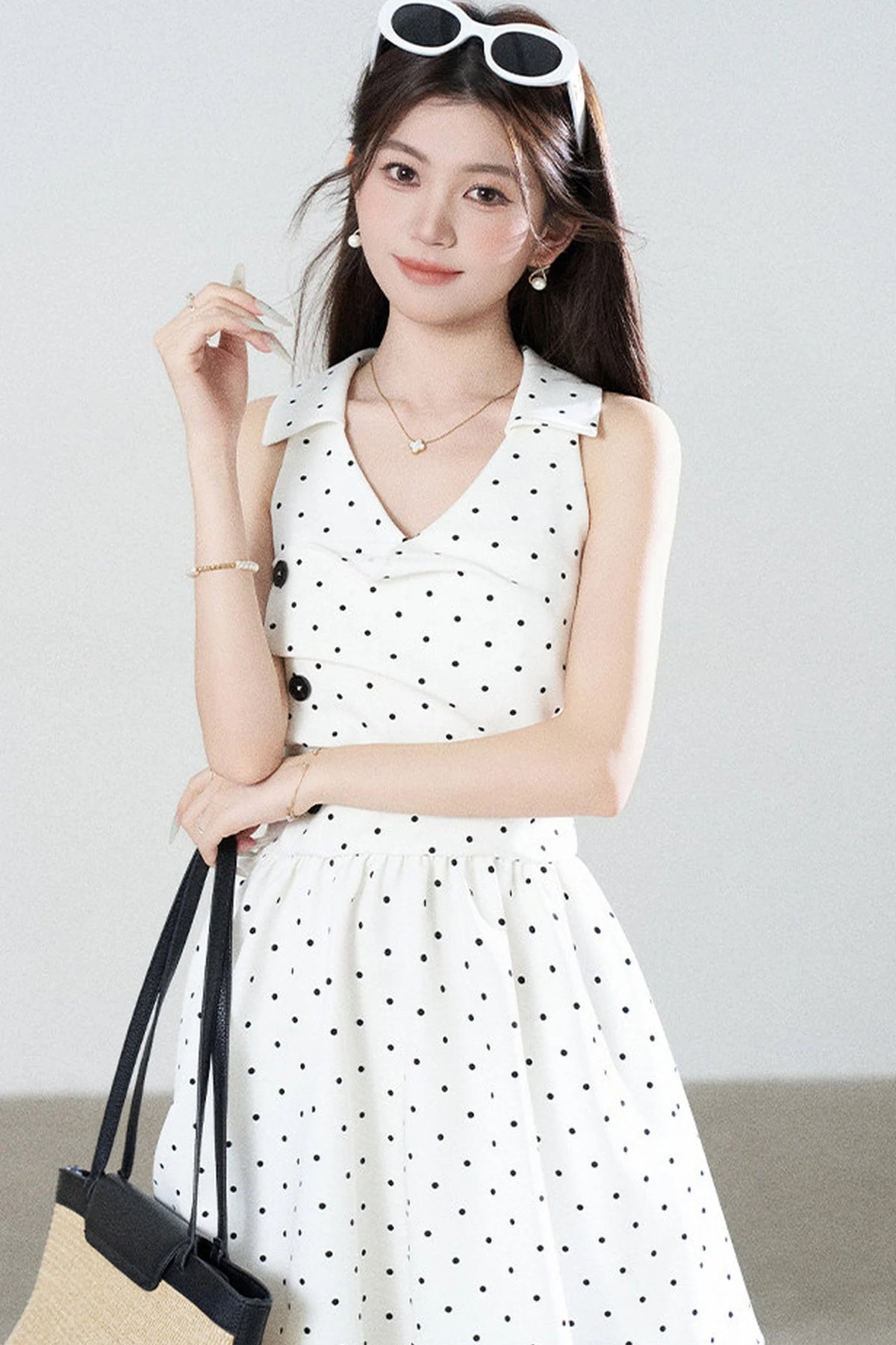 White Polka Dot V-Neck Dress