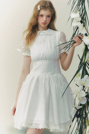 White Rose Embroidered Princess Midi Dress