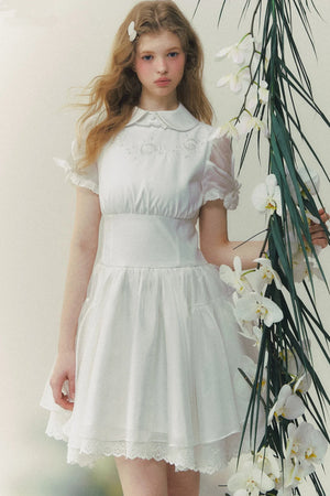 White Rose Embroidered Princess Midi Dress