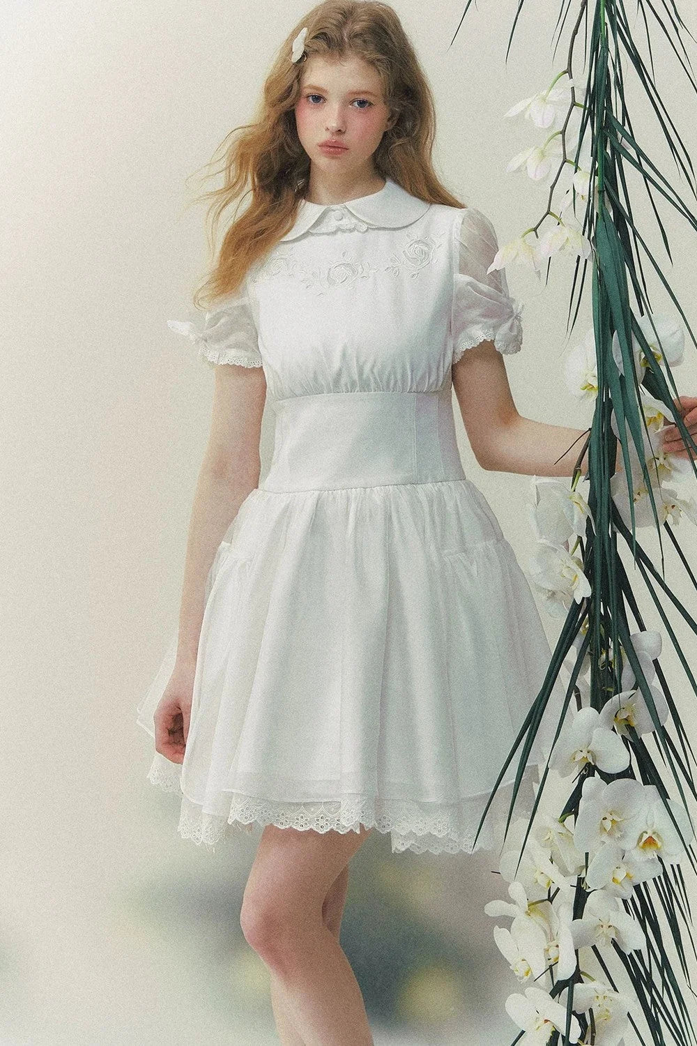 White Rose Embroidered Princess Midi Dress