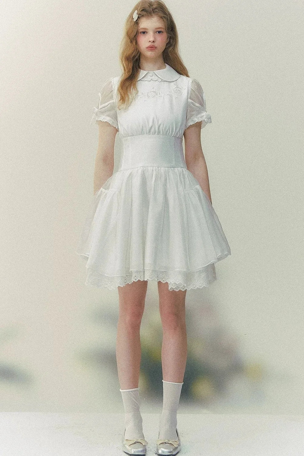 White Rose Embroidered Princess Midi Dress