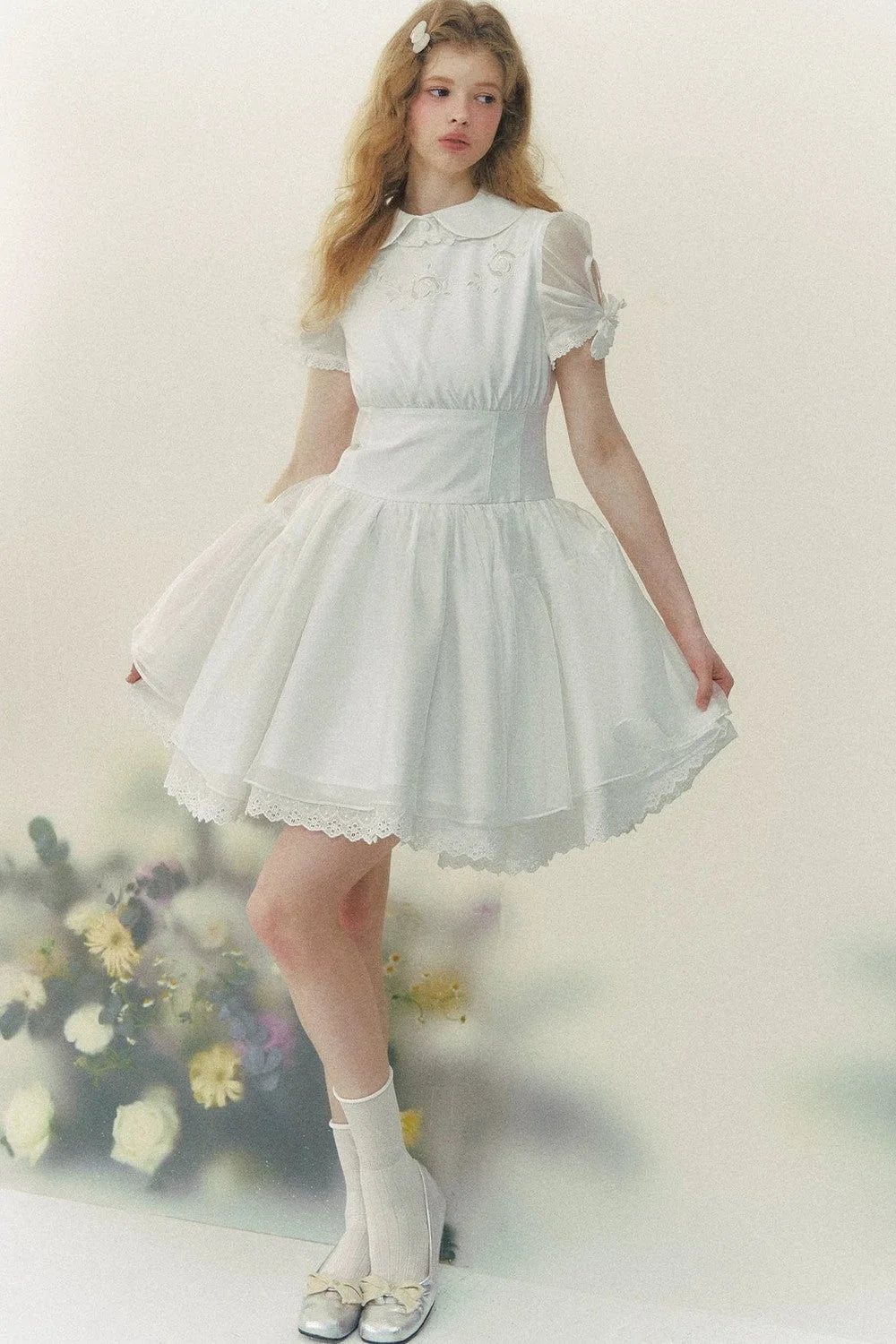 White Rose Embroidered Princess Midi Dress