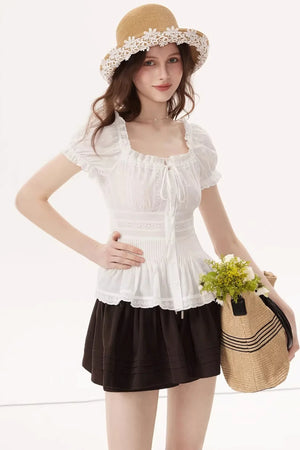 White Ruched Square-Neck Blouse