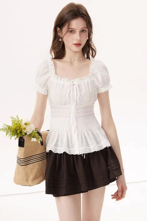 White Ruched Square-Neck Blouse