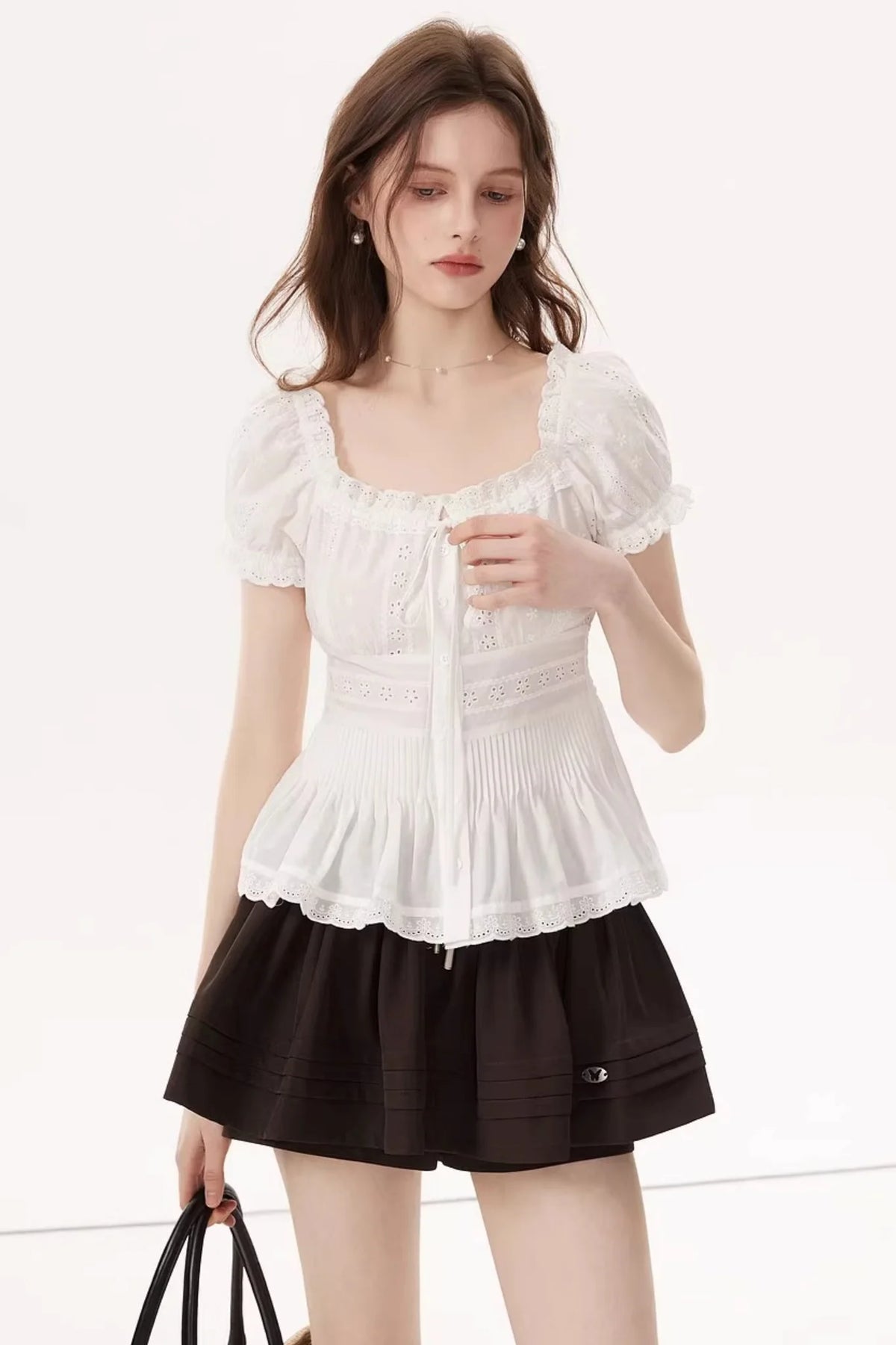 White Ruched Square-Neck Blouse
