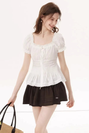 White Ruched Square-Neck Blouse