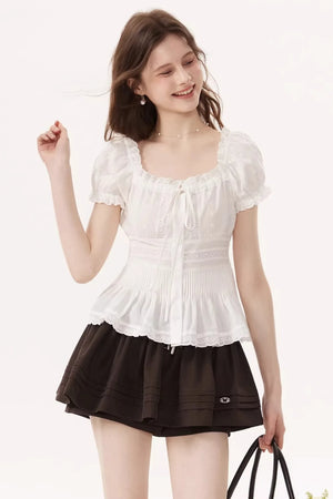 White Ruched Square-Neck Blouse