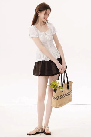 White Ruched Square-Neck Blouse