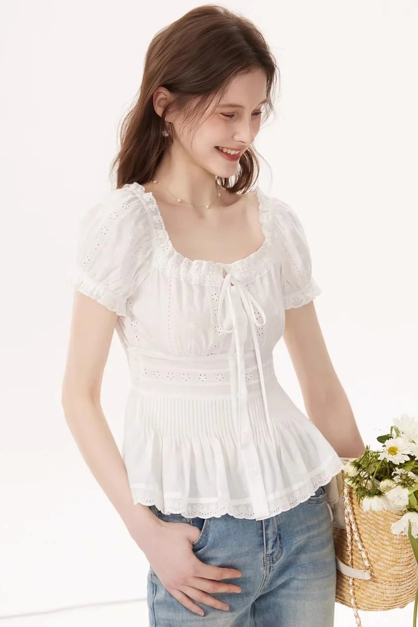 White Ruched Square-Neck Blouse