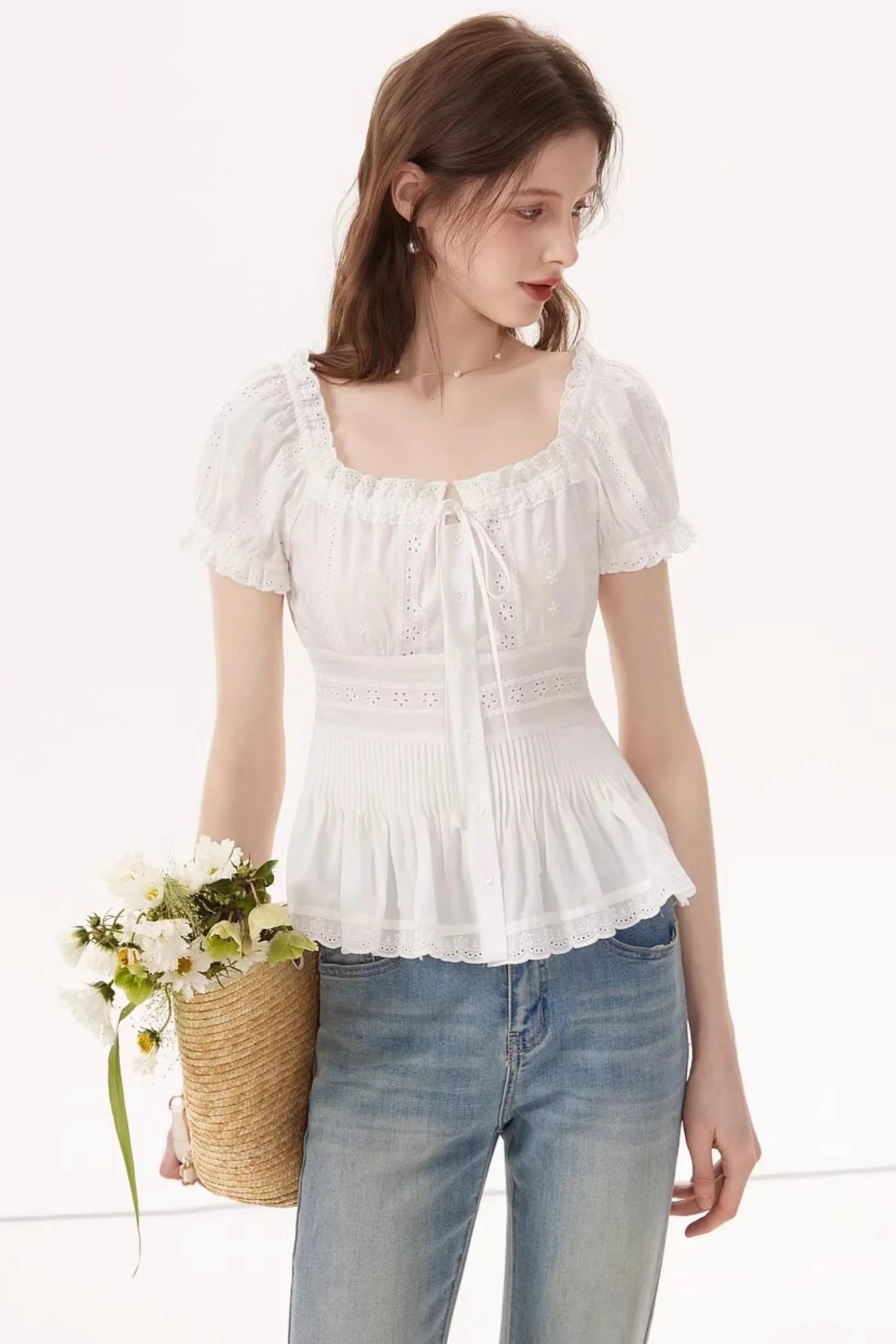 White Ruched Square-Neck Blouse