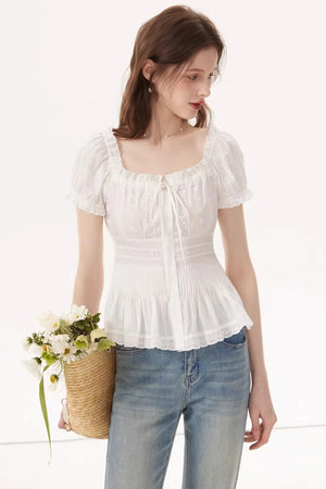 White Ruched Square-Neck Blouse