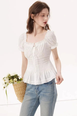 White Ruched Square-Neck Blouse
