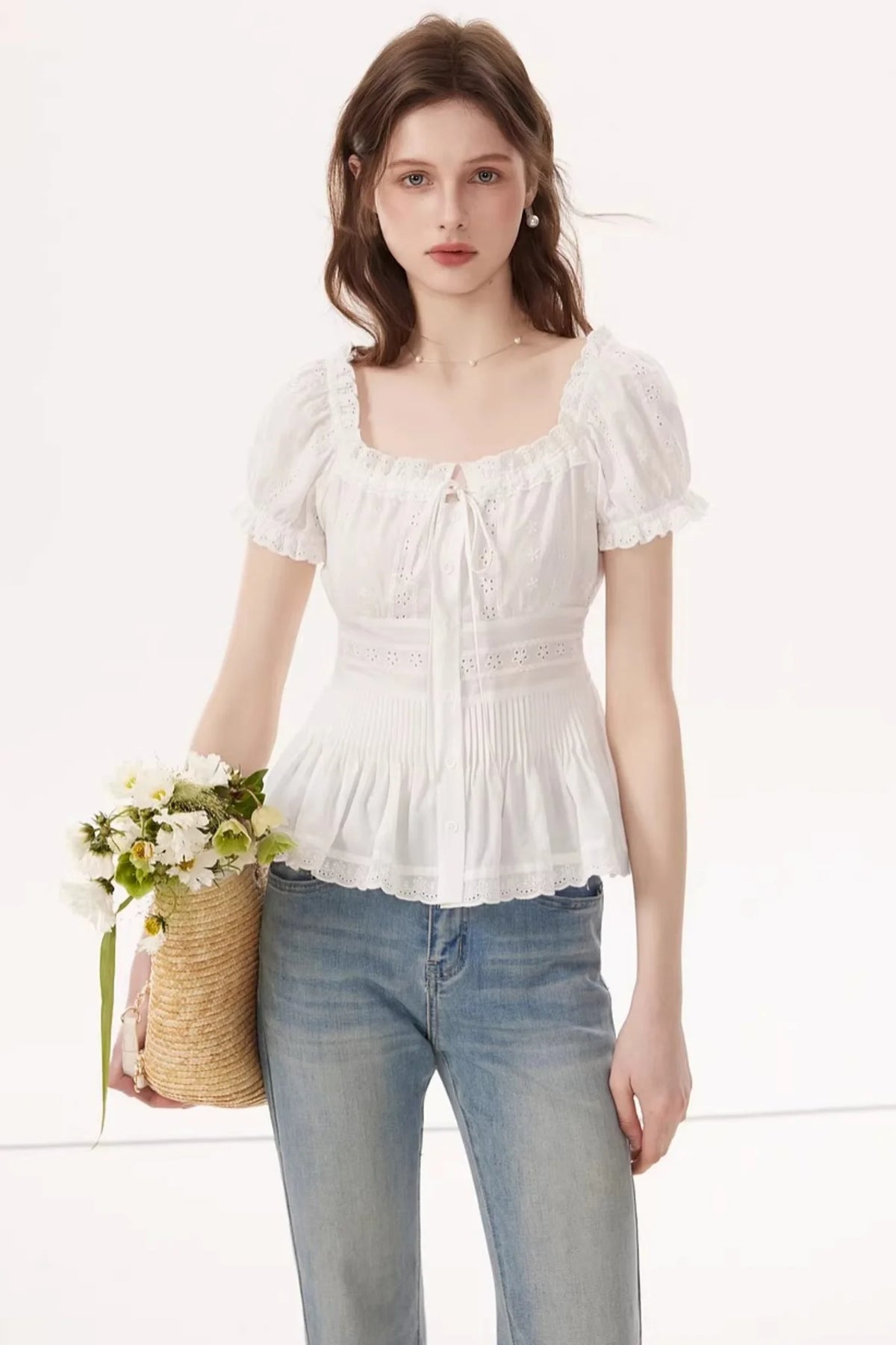 White Ruched Square-Neck Blouse
