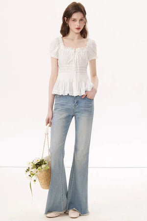 White Ruched Square-Neck Blouse