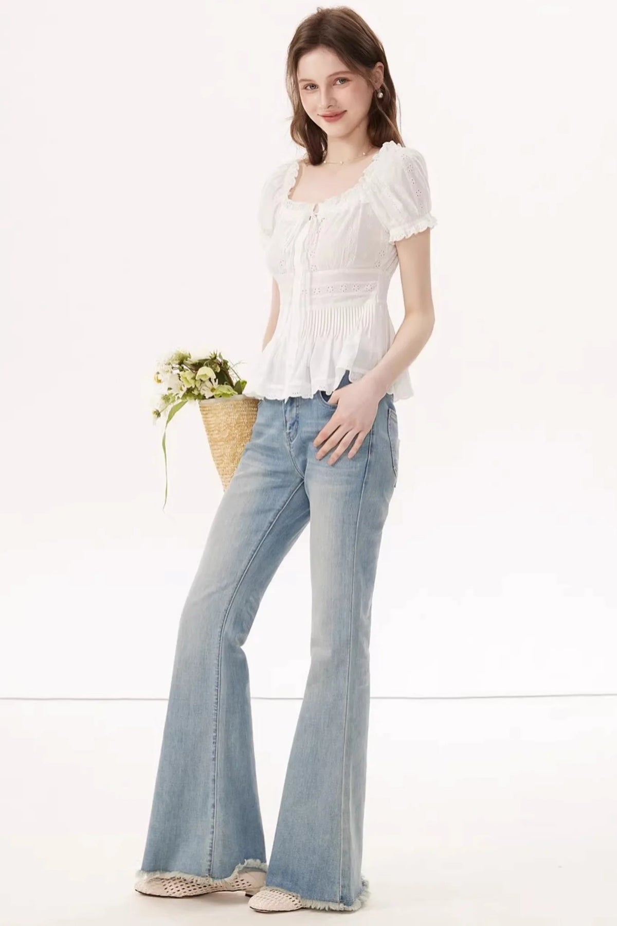 White Ruched Square-Neck Blouse