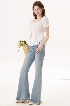 White Ruched Square-Neck Blouse