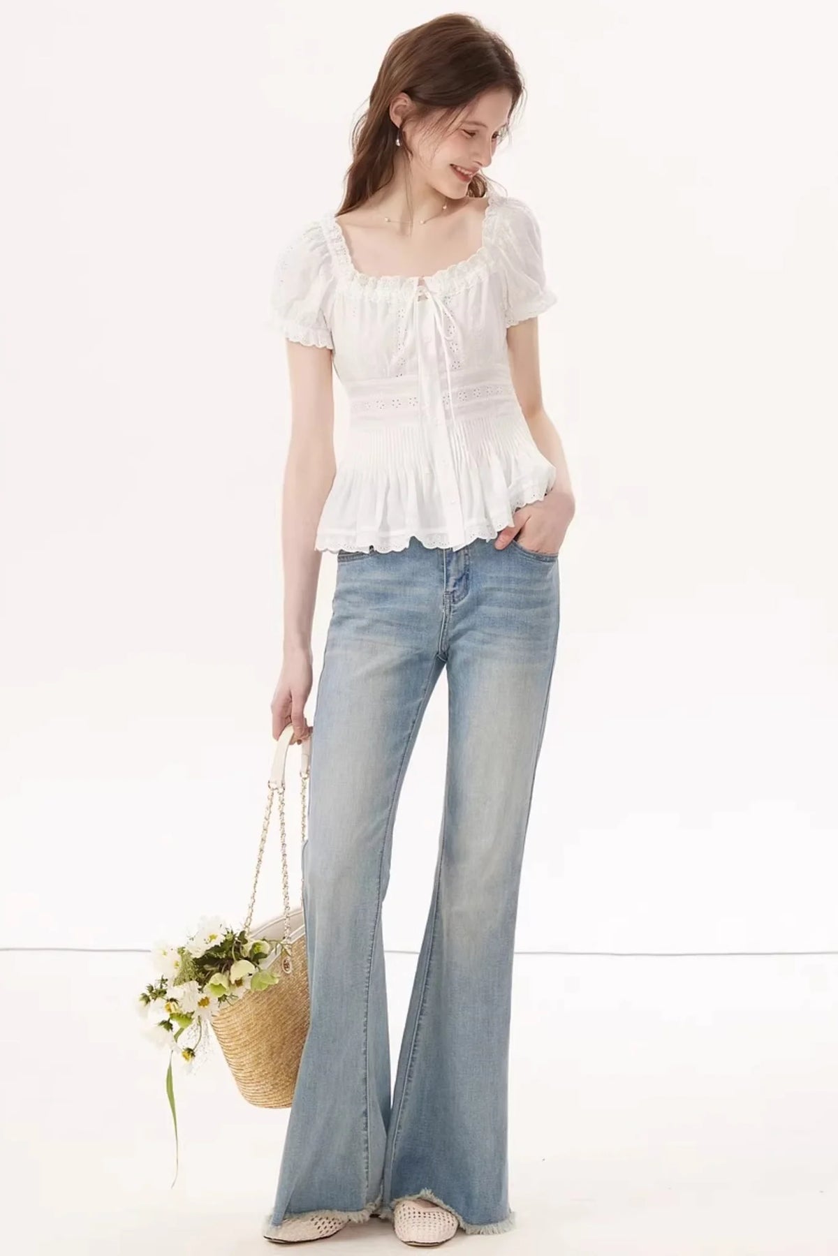 White Ruched Square-Neck Blouse