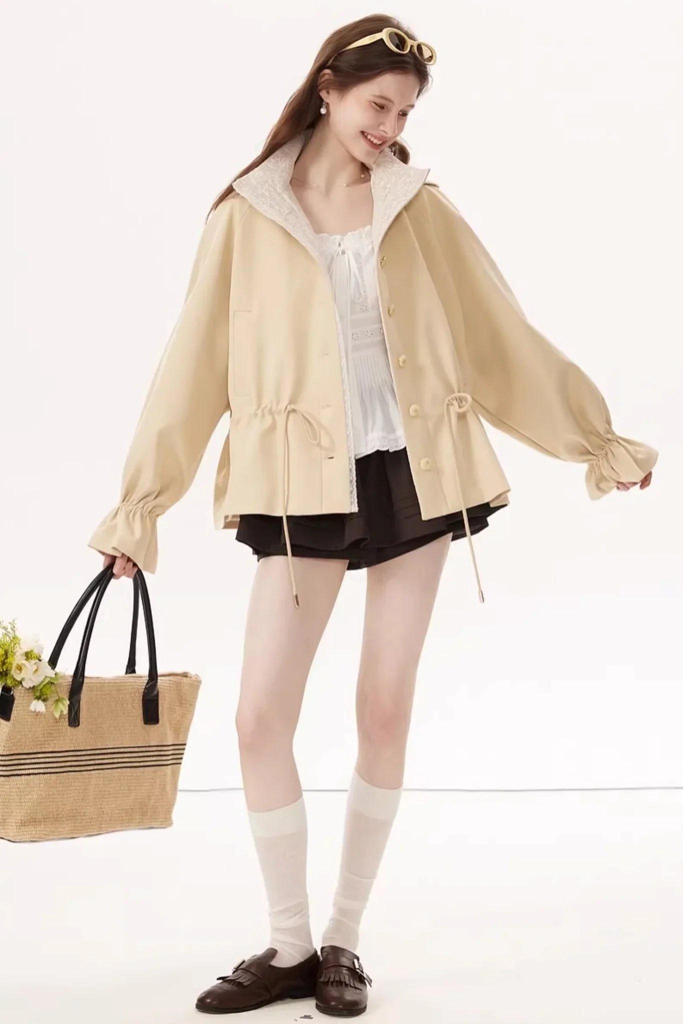 White Ruched Square-Neck Blouse
